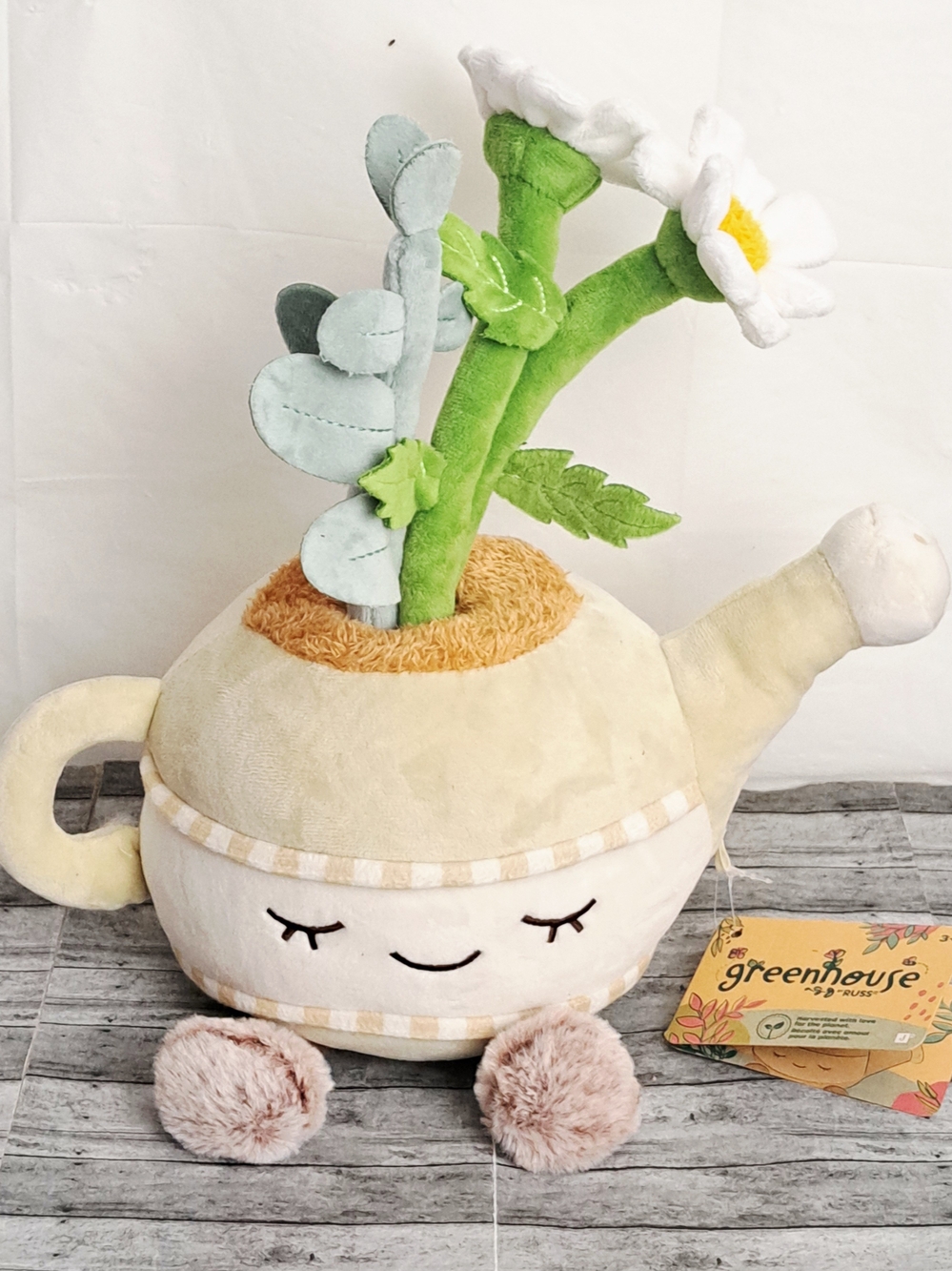 Greenhouse By Russ Plush Watering Can Planter with Green Stems & White Daisy